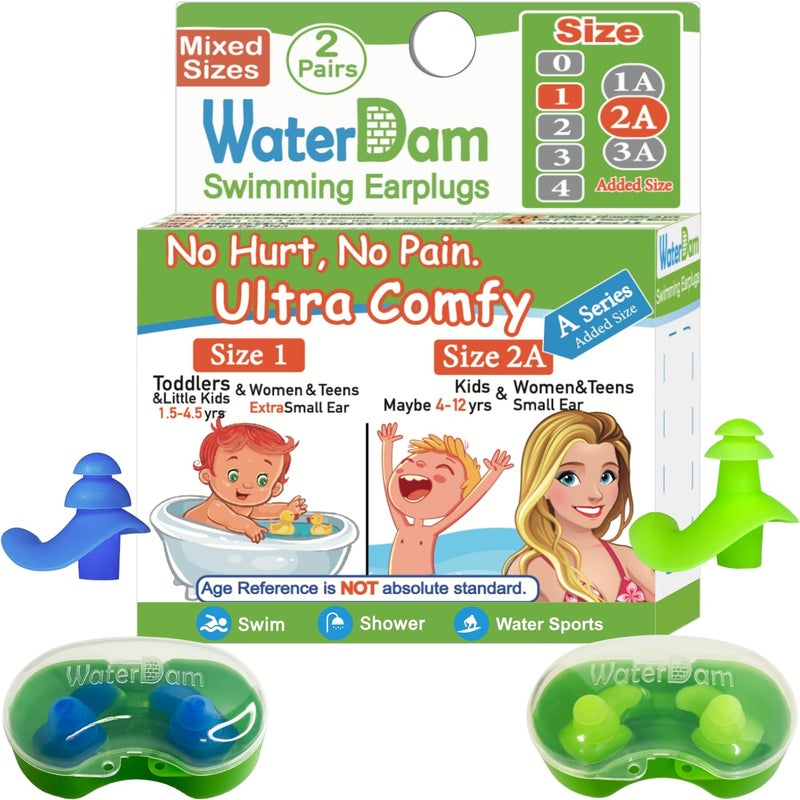 سدادات أذن للسباحة من WaterDam A-Series، سدادات أذن مقاومة للماء مريحة للغاية (أحجام مختلطة مقاس 1+2A: أذن صغيرة للنساء والمراهقات والأطفال (أزرق وأخضر)) - Image 1